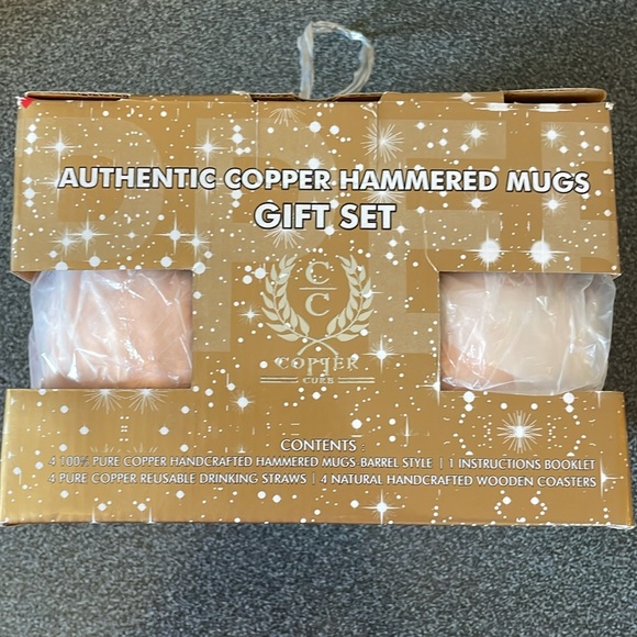 Pure Copper Hammered Mugs with Copper Straws & Wooden Coasters Set of 4 - Picture 2 of 8